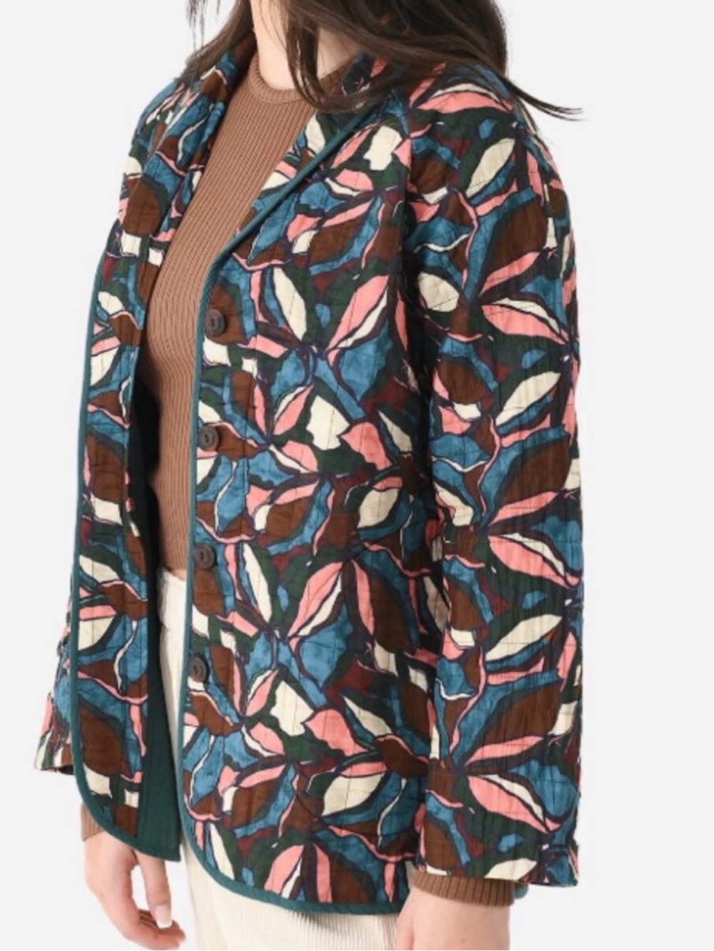 Trovata Quilted Blazer with Pink, Blue, Brown & Cream Leaf Print